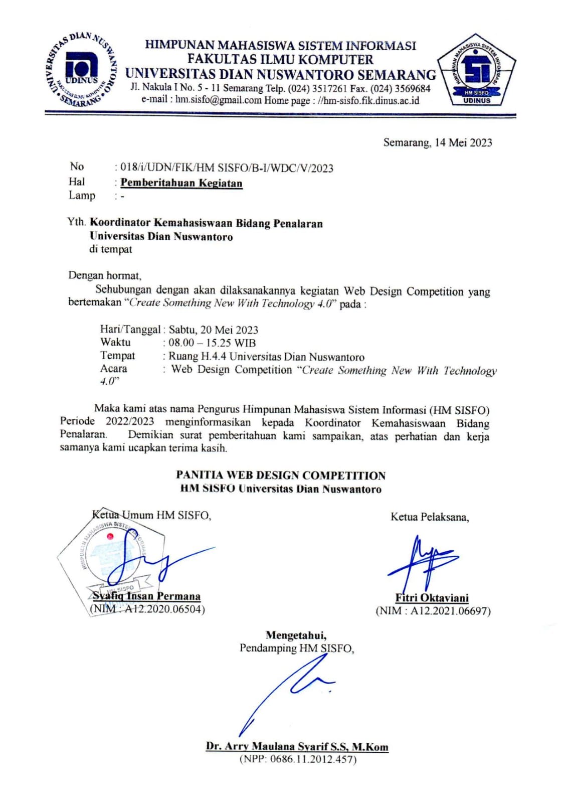Surat Pemberitahuan Kegiatan Koordinator Kemahasiswaan Bidang Penalaran Universitas Dian Nuswantoro